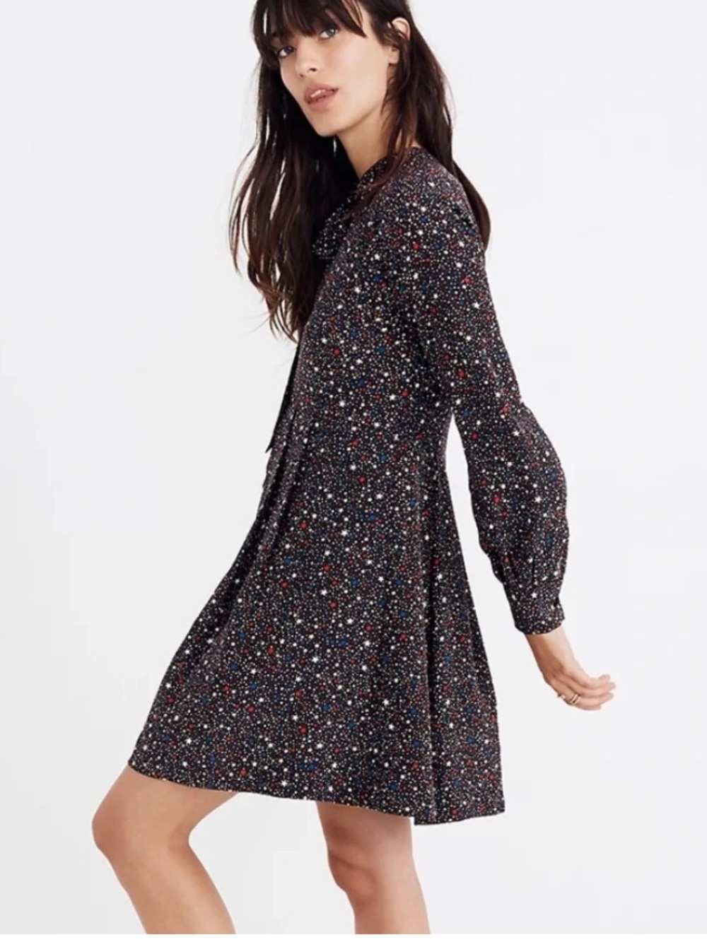 Madewell Black Long-Sleeve Floral Dot Tie-Neck Dress